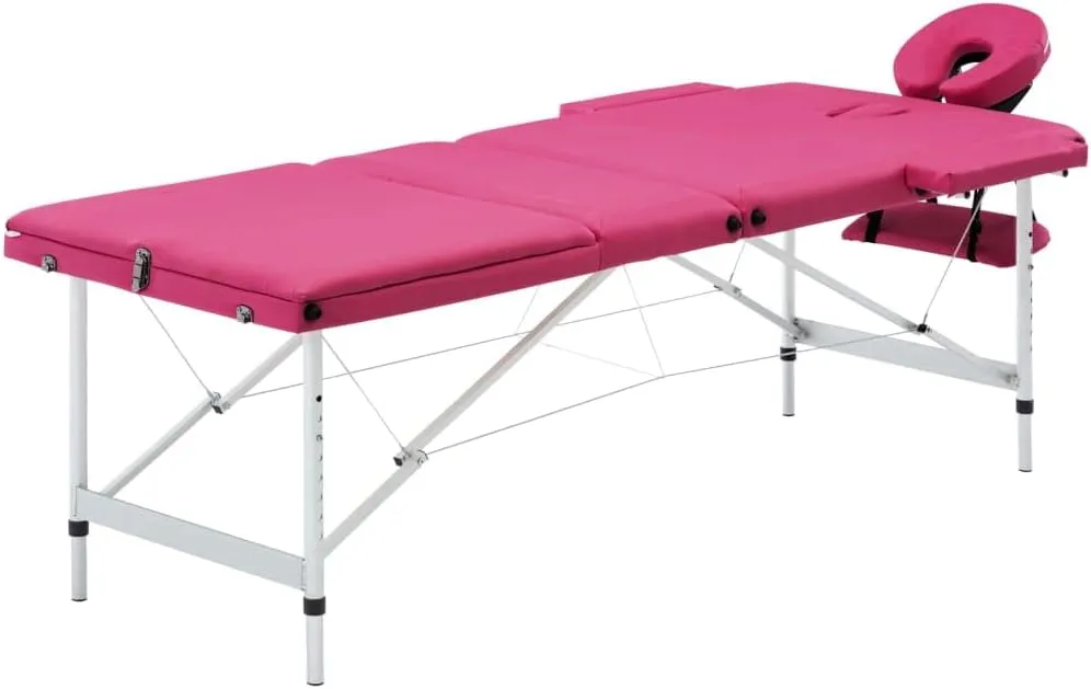 Foldable Massage Table with 3 Zones, Aluminum Frame, Adjustable Height, Portable Carrying Bag, Faux Leather Cushioned, Pink