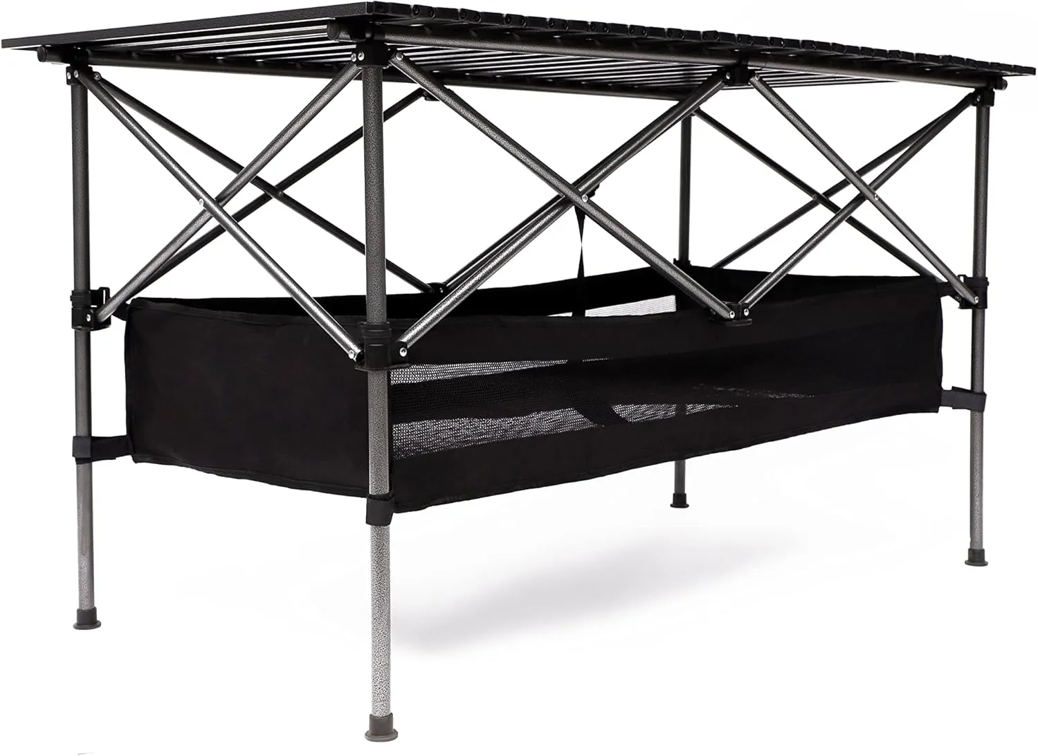 Foldable Outdoor Table with Aluminum Frame & Built-in Storage Basket, 120lb Capacity Roll-Up Table for Camping/Picnics/BBQ - Lightweight, Portable Design with Quick Assembly (Black：Rectangle)