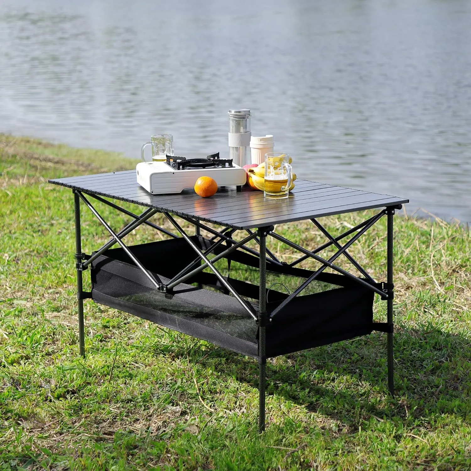 Foldable Outdoor Table with Aluminum Frame & Built-in Storage Basket, 120lb Capacity Roll-Up Table for Camping/Picnics/BBQ - Lightweight, Portable Design with Quick Assembly (Black：Rectangle)