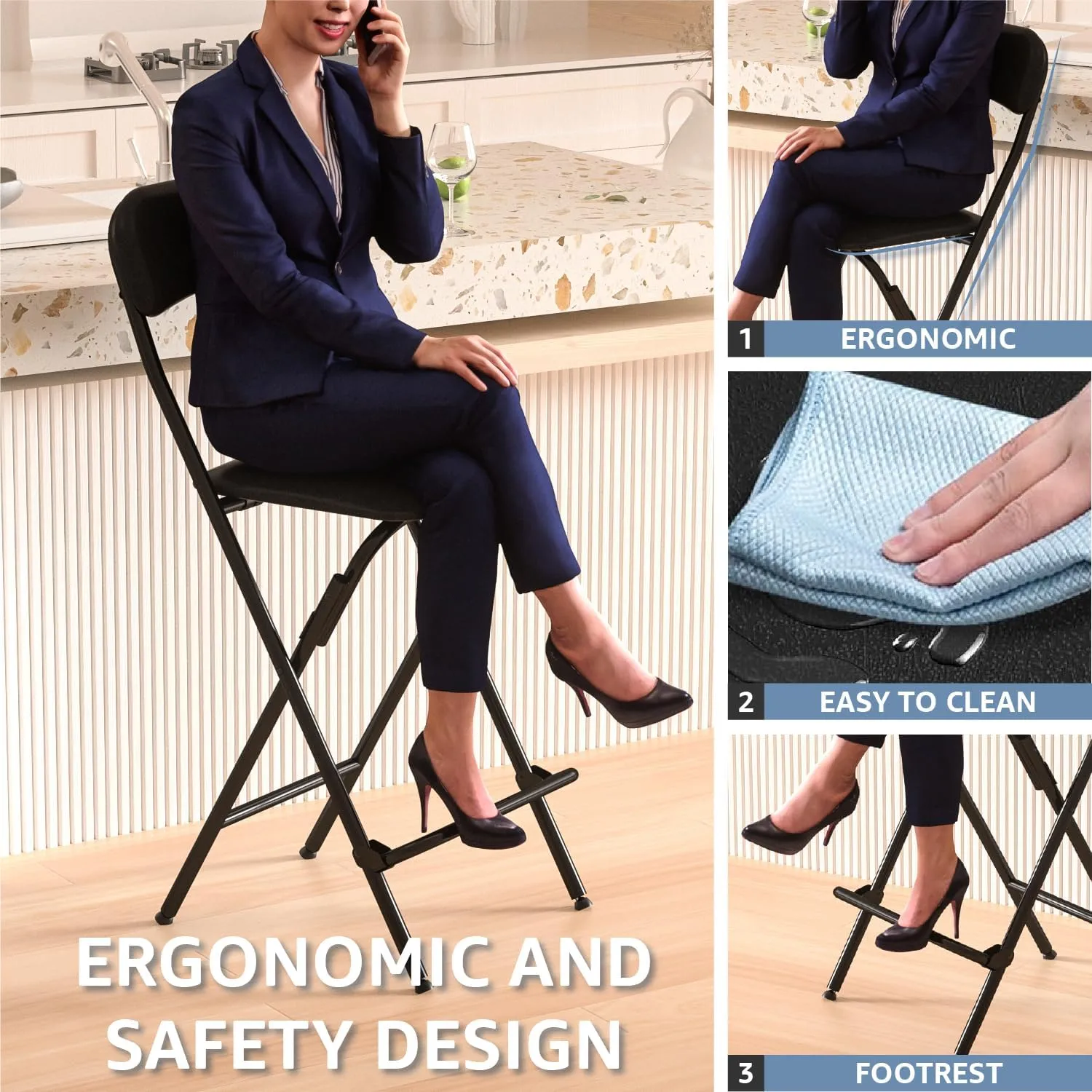 Folding Bar Stool with Back, Tall Folding Chair Leather Padded Portable Counter Height Foldable Chair, Collapsible Stool for Kitchen Bar - 2PC