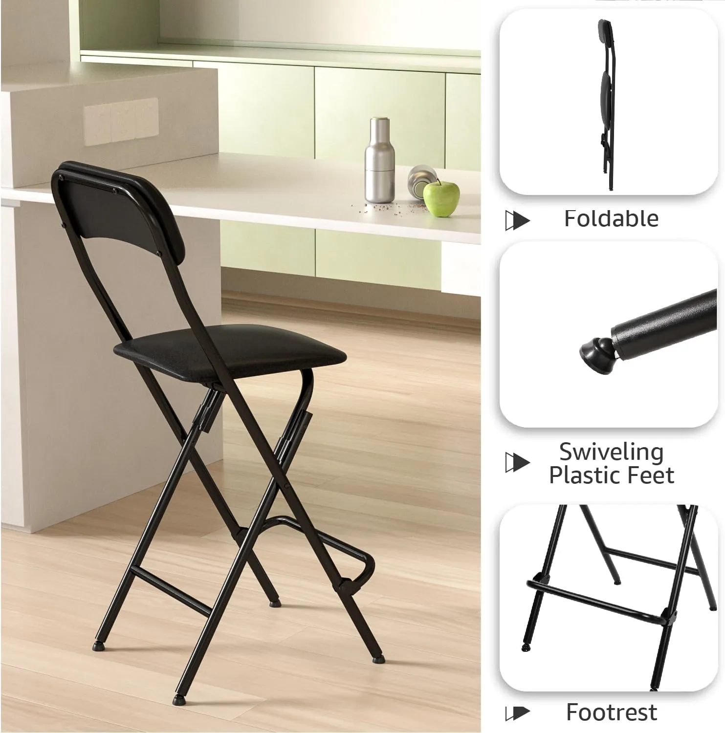 Folding Bar Stool with Back, Tall Folding Chair Leather Padded Portable Counter Height Foldable Chair, Collapsible Stool for Kitchen Bar - 2PC