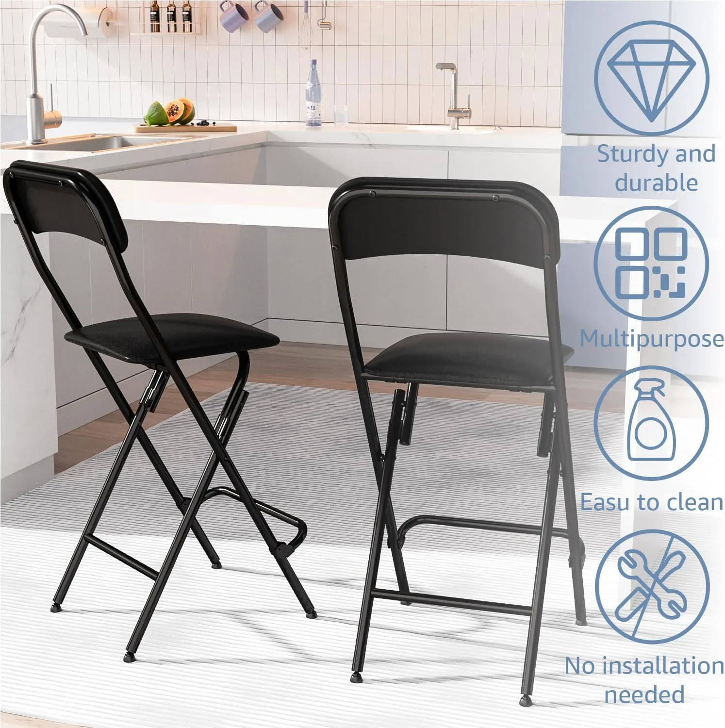 Folding Bar Stool with Back, Tall Folding Chair Leather Padded Portable Counter Height Foldable Chair, Collapsible Stool for Kitchen Bar - 2PC