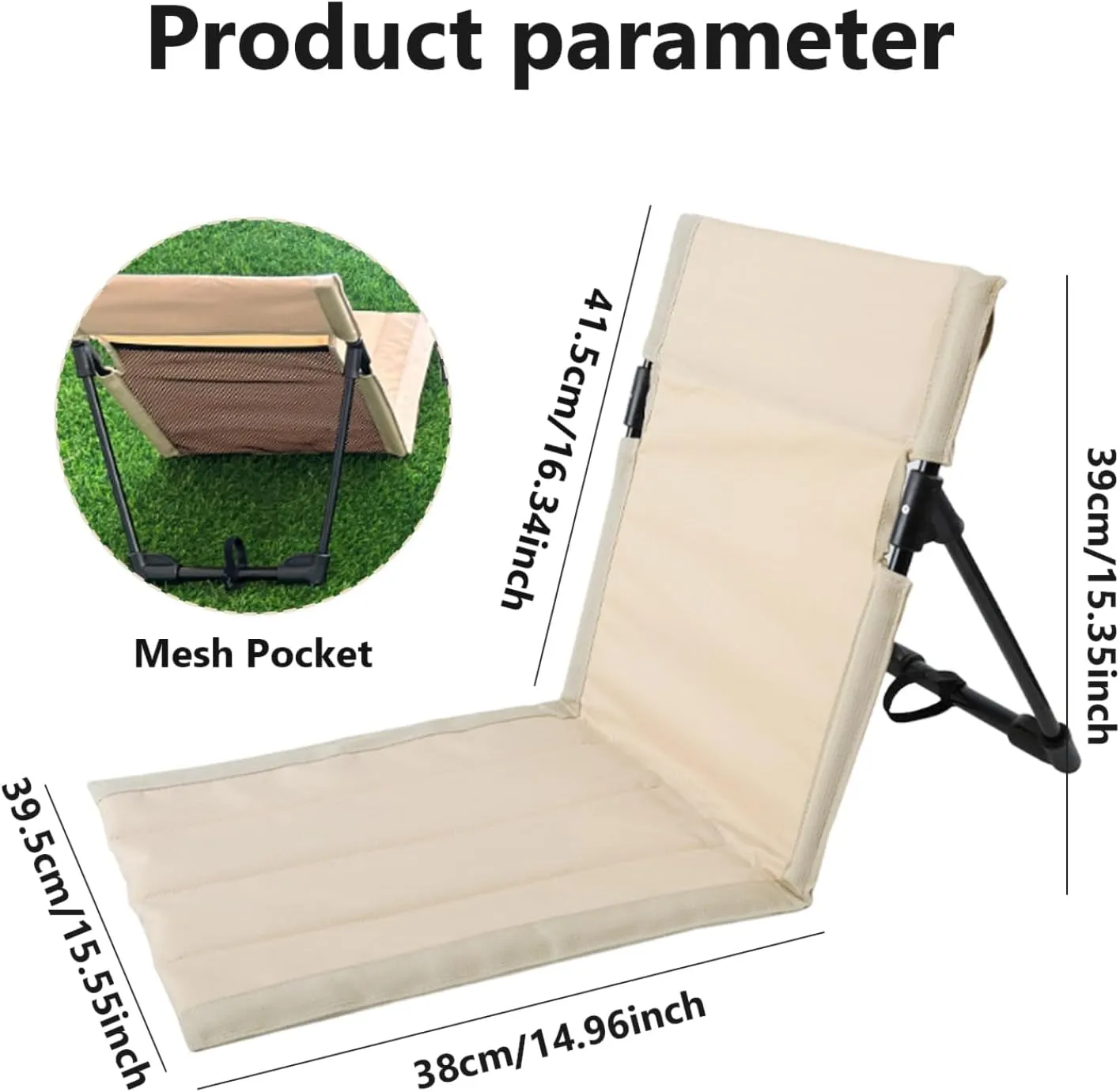 Folding Beach Chair Breathable Stable Portable Beach Chair With Sponge Filling & Mesh Pocket Lightweight Soft Sturdy Folding Floor Chair for Fishing, Barbecues, Hiking, (Beige) Folding Beach Chair
