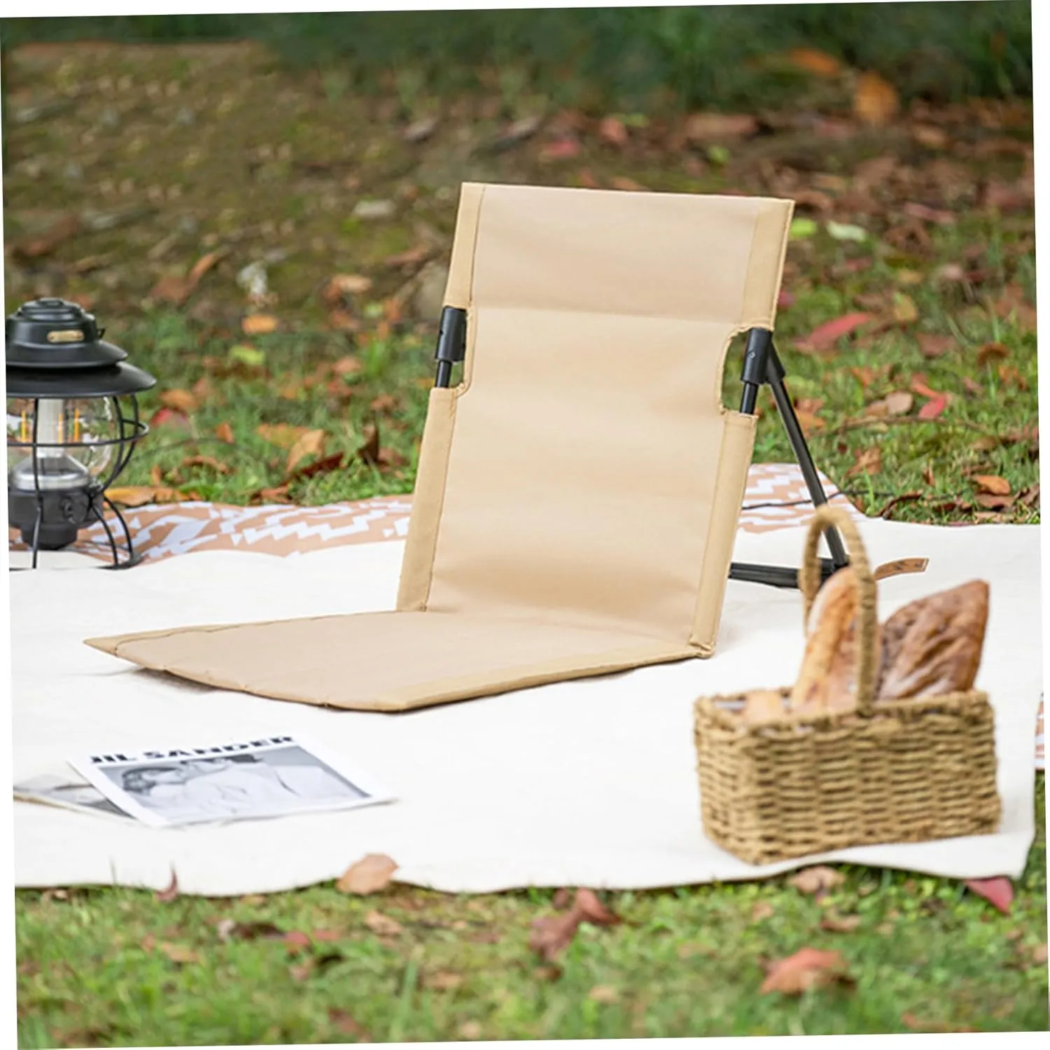 Folding Beach Chair Breathable Stable Portable Beach Chair With Sponge Filling & Mesh Pocket Lightweight Soft Sturdy Folding Floor Chair for Fishing, Barbecues, Hiking, (Beige) Folding Beach Chair