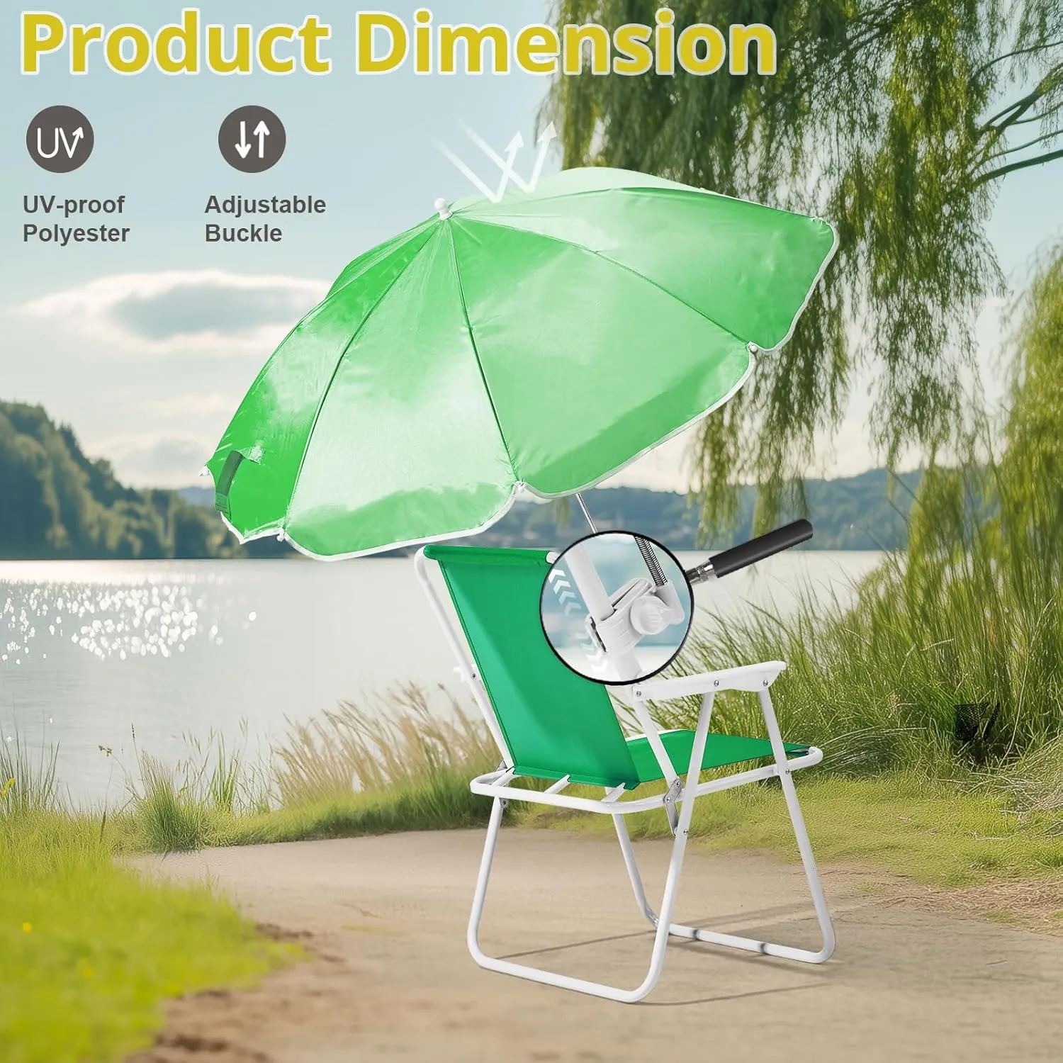 Folding Beach Chair for Adults, Lightweight Camping Chair with Adjustable Umbrella and PE Oxford Cloth, Portable Comfy Lawn Chairs, Iron Tube Outdoor Leisure Chairs, Supports Up to 265lbs, Green