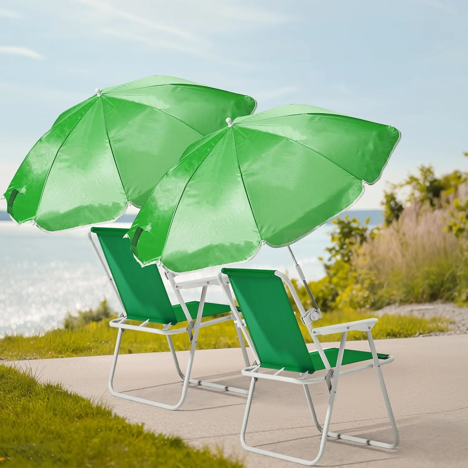 Folding Beach Chair for Adults, Lightweight Camping Chair with Adjustable Umbrella and PE Oxford Cloth, Portable Comfy Lawn Chairs, Iron Tube Outdoor Leisure Chairs, Supports Up to 265lbs, Green