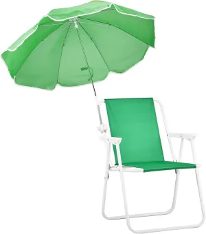 Folding Beach Chair for Adults, Lightweight Camping Chair with Adjustable Umbrella and PE Oxford Cloth, Portable Comfy Lawn Chairs, Iron Tube Outdoor Leisure Chairs, Supports Up to 265lbs, Green