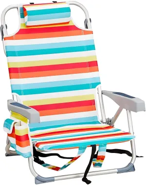 Folding Beach Chair, Portable Camping Chairs with Headrest, Cup Holder & Armrests, Backpack Beach Chairs with 5 Positions, High Back Chair with Rainbow Stripes for Lawn, Concert, Garden, Camp