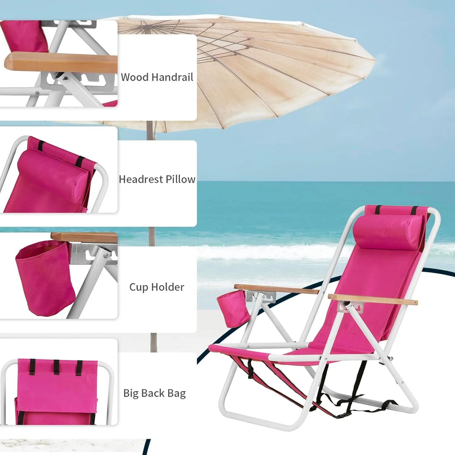Folding Beach Chairs for Adults,Lightweight Reclining Backpack Camping Chair with Headrest Cup Holder and Wooden Armrests,Collapsible Compact Lawn Chair for Outdoor,Camp,Hiking,Concert,Pink 1 Pcs