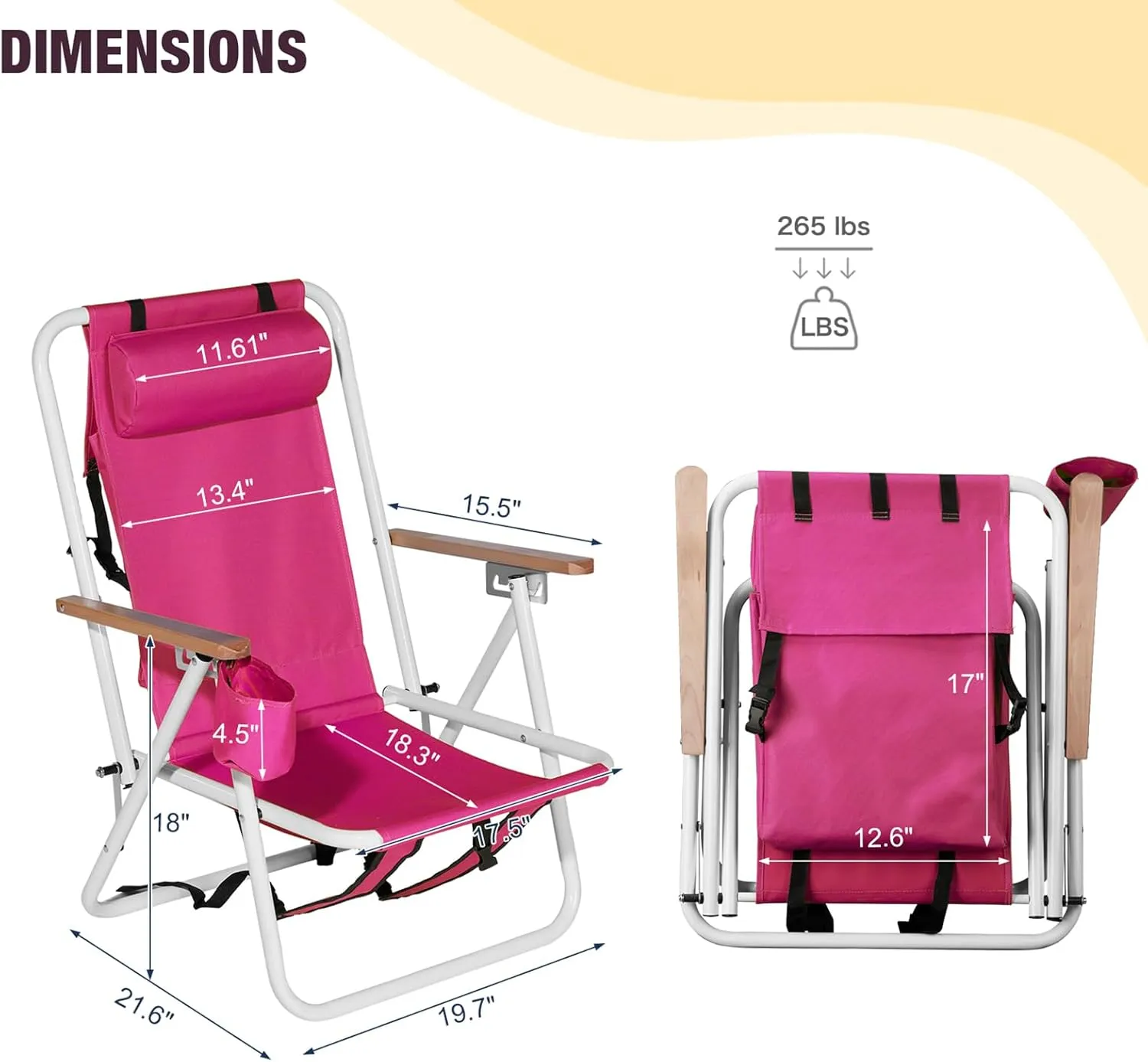 Folding Beach Chairs for Adults,Lightweight Reclining Backpack Camping Chair with Headrest Cup Holder and Wooden Armrests,Collapsible Compact Lawn Chair for Outdoor,Camp,Hiking,Concert,Pink 1 Pcs