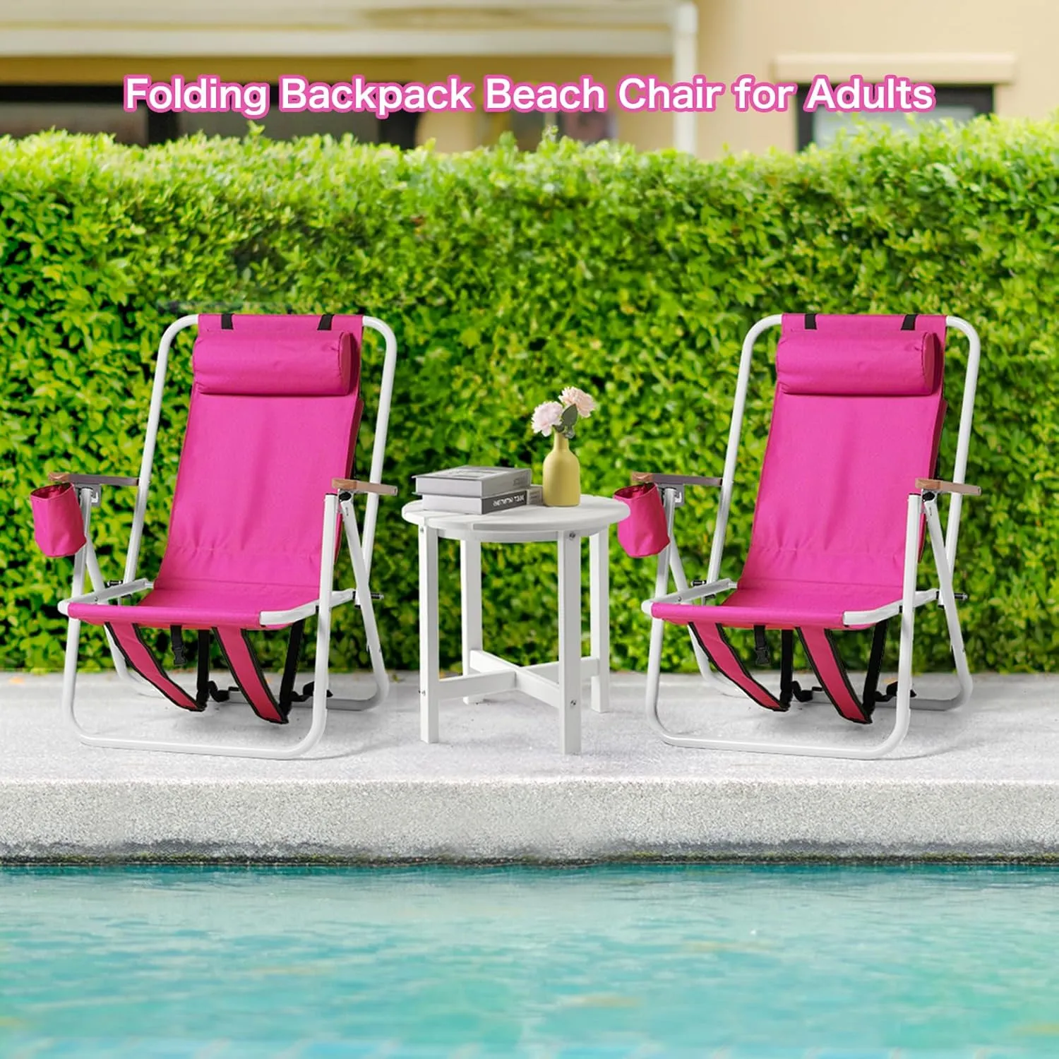 Folding Beach Chairs for Adults,Lightweight Reclining Backpack Camping Chair with Headrest Cup Holder and Wooden Armrests,Collapsible Compact Lawn Chair for Outdoor,Camp,Hiking,Concert,Pink 1 Pcs