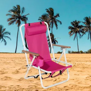 Folding Beach Chairs for Adults,Lightweight Reclining Backpack Camping Chair with Headrest Cup Holder and Wooden Armrests,Collapsible Compact Lawn Chair for Outdoor,Camp,Hiking,Concert,Pink 1 Pcs