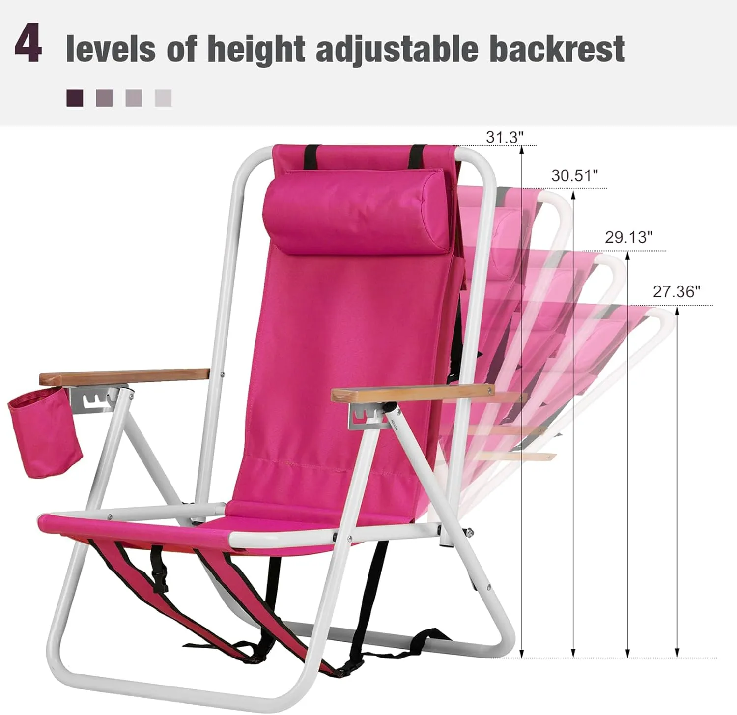 Folding Beach Chairs for Adults,Lightweight Reclining Backpack Camping Chair with Headrest Cup Holder and Wooden Armrests,Collapsible Compact Lawn Chair for Outdoor,Camp,Hiking,Concert,Pink 1 Pcs