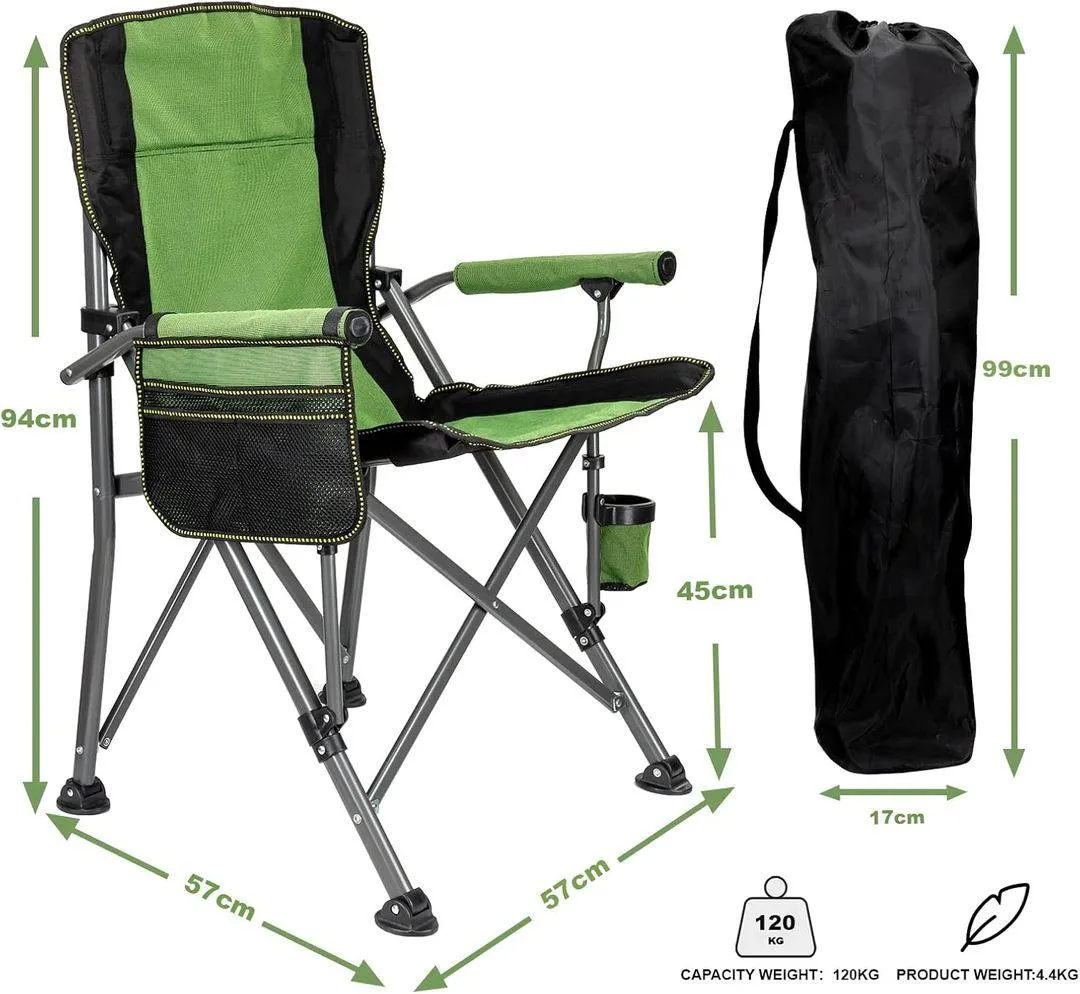 Folding Camping Chair – Extra-Wide Lightweight Outdoor Chair with Armrests and Cup Holder (120kg Capacity)