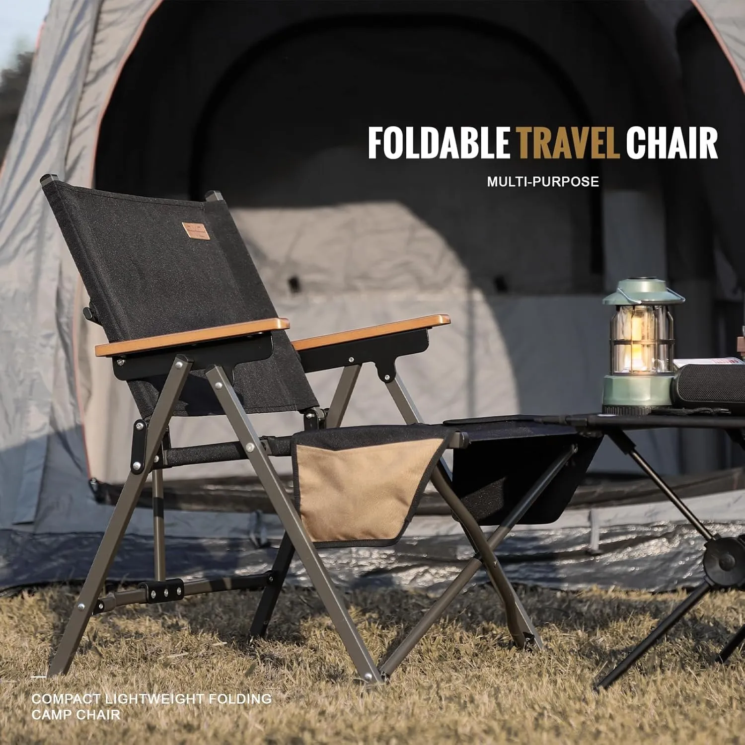 Folding Camping Chair, Lightweight Portable Chair Wood Armrest with Side Pockets, Cup Holder for Camping, Picnic, Concert, Beach, Fishing, Outdoor