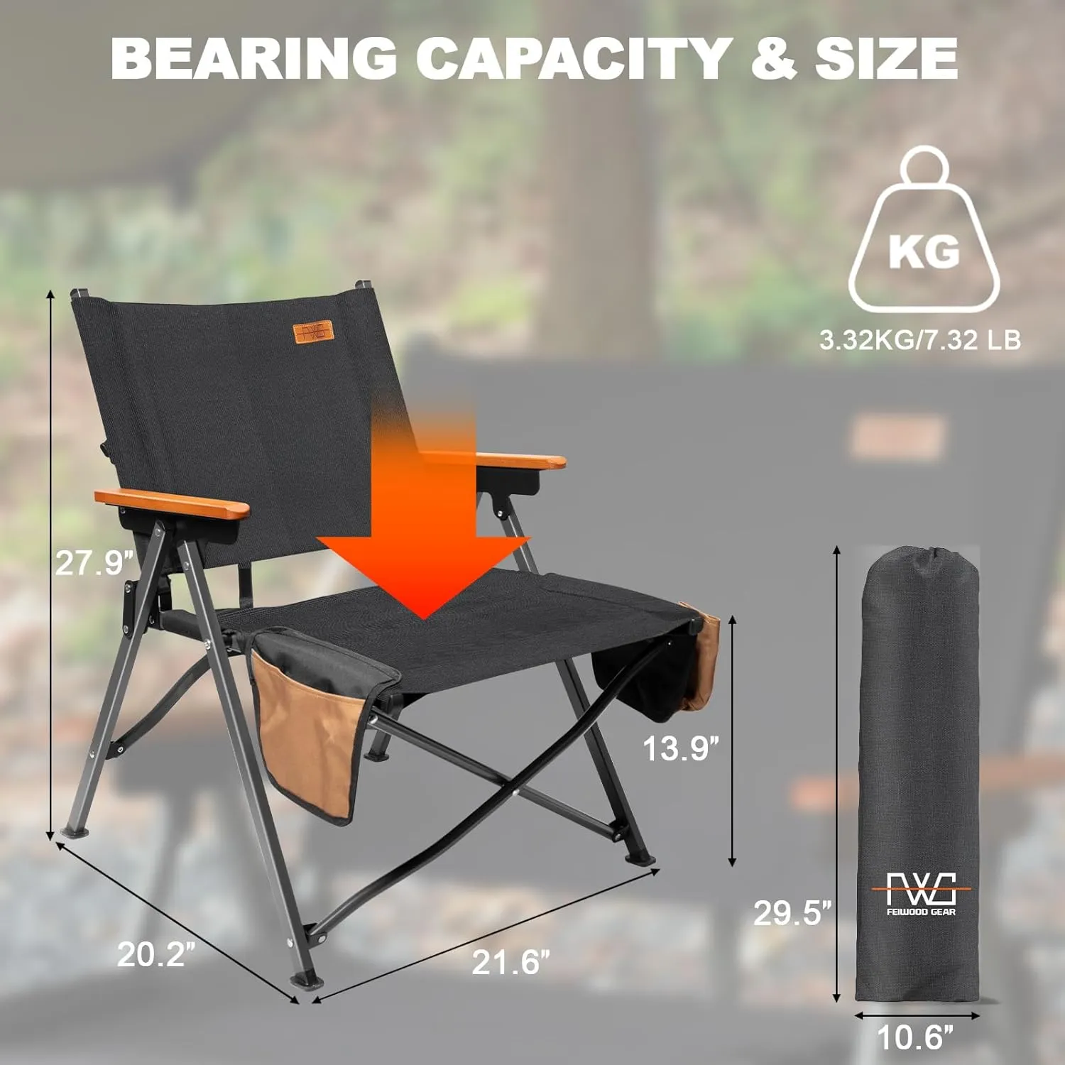 Folding Camping Chair, Lightweight Portable Chair Wood Armrest with Side Pockets, Cup Holder for Camping, Picnic, Concert, Beach, Fishing, Outdoor