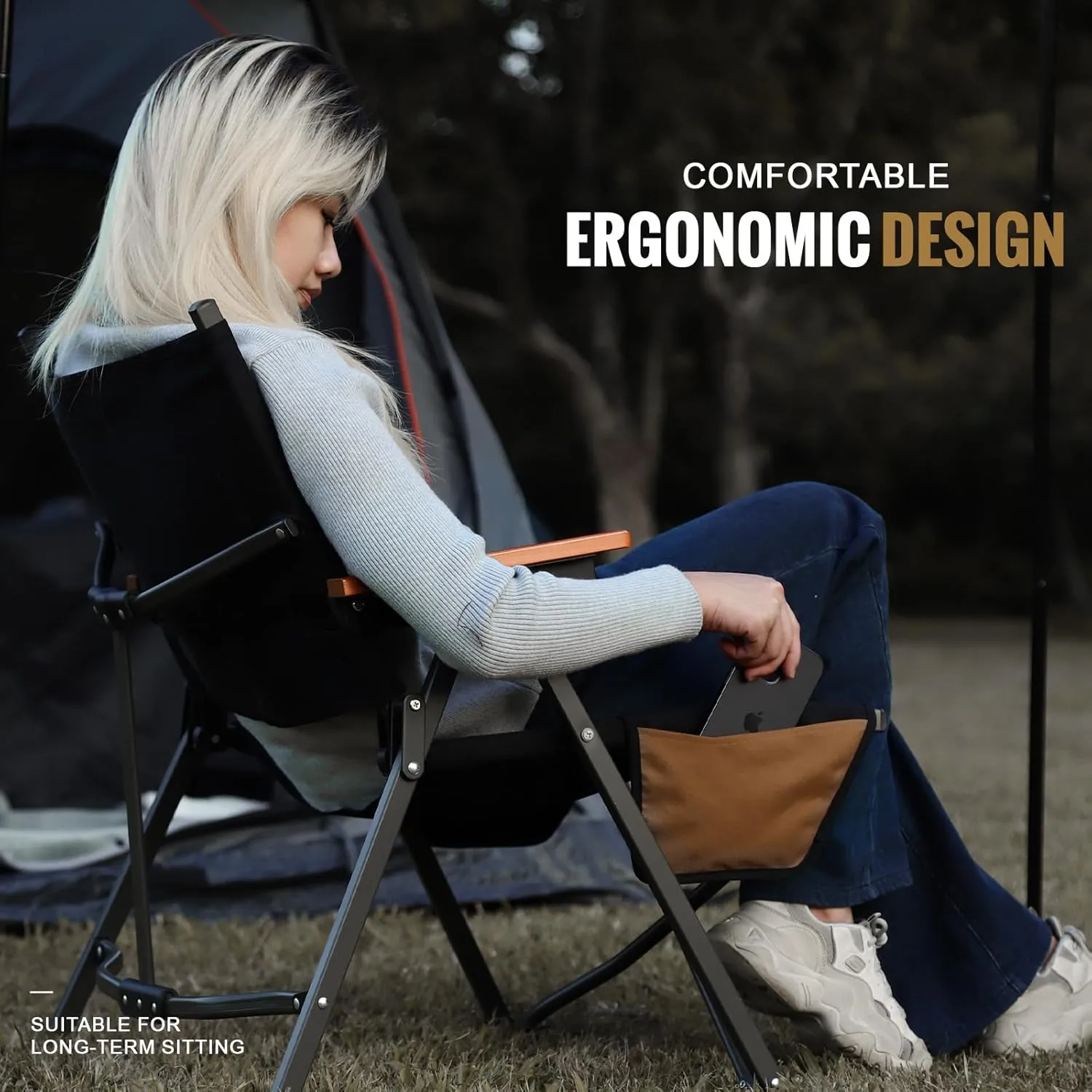 Folding Camping Chair, Lightweight Portable Chair Wood Armrest with Side Pockets, Cup Holder for Camping, Picnic, Concert, Beach, Fishing, Outdoor