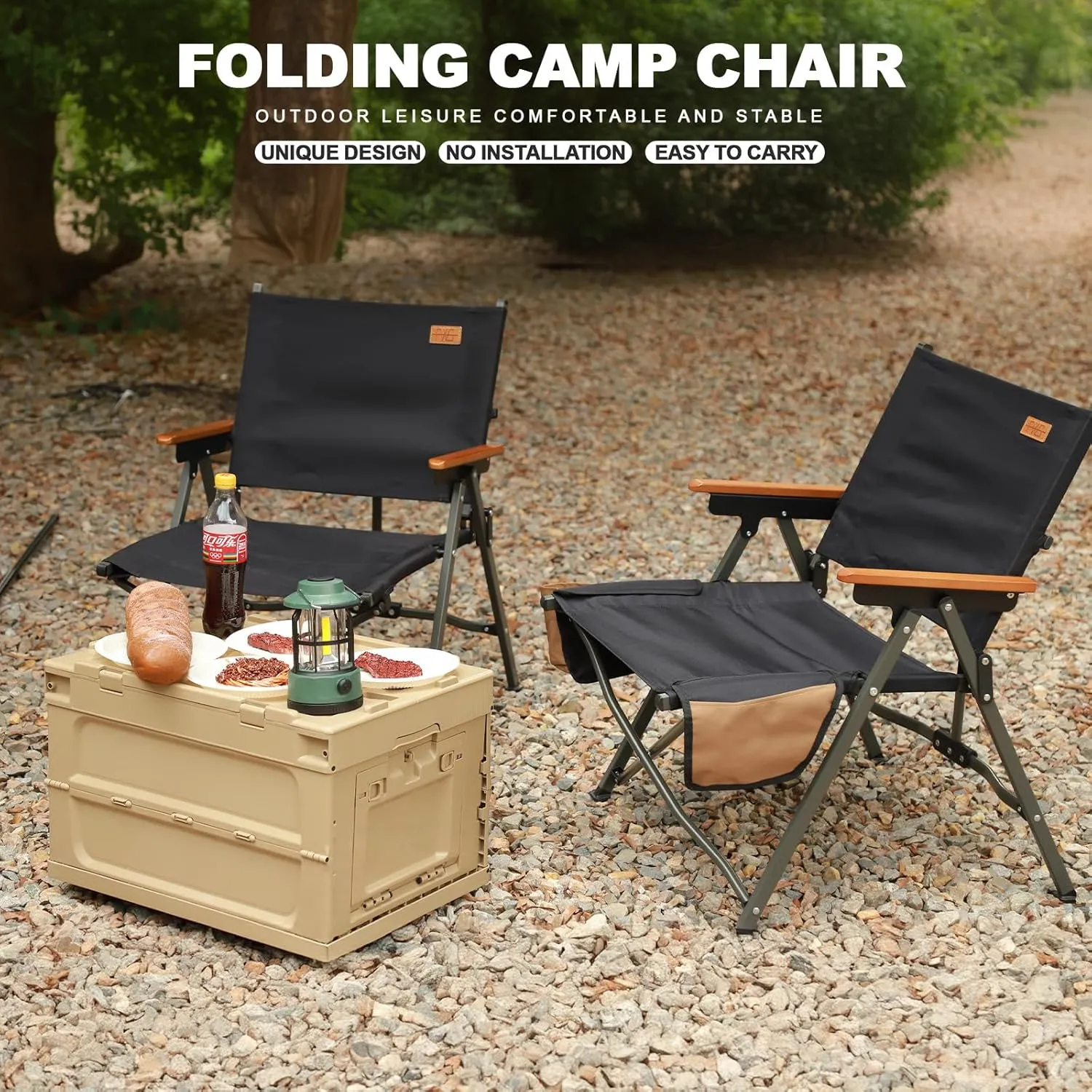 Folding Camping Chair, Lightweight Portable Chair Wood Armrest with Side Pockets, Cup Holder for Camping, Picnic, Concert, Beach, Fishing, Outdoor