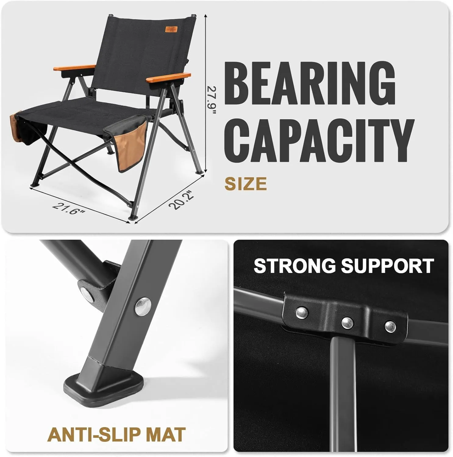 Folding Camping Chair, Lightweight Portable Chair Wood Armrest with Side Pockets, Cup Holder for Camping, Picnic, Concert, Beach, Fishing, Outdoor