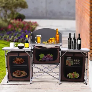 Folding Camping Kitchen Table,Portable Camping Kitchen Folding Table Stand &Windshield Cooking Station,Three Table with Anti-Slip Pads Desk for Camping Storage for BBQ, Grill, Party, Picnics