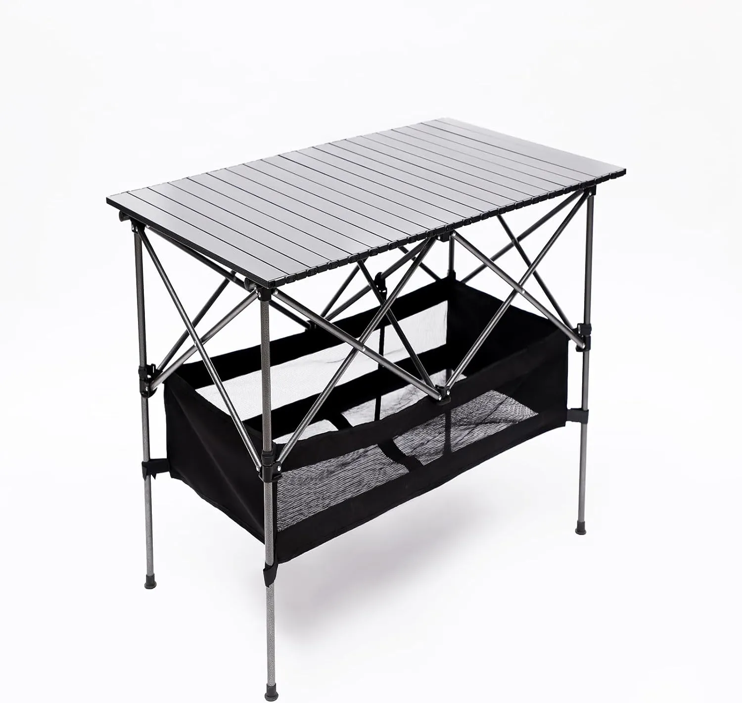 Folding Camping Table, Aluminum Roll-up Picnic Table, Rectangular Portable Outdoor Table with Storage Basket, Easy Carrying Bag for Outdoor Dining, BBQs