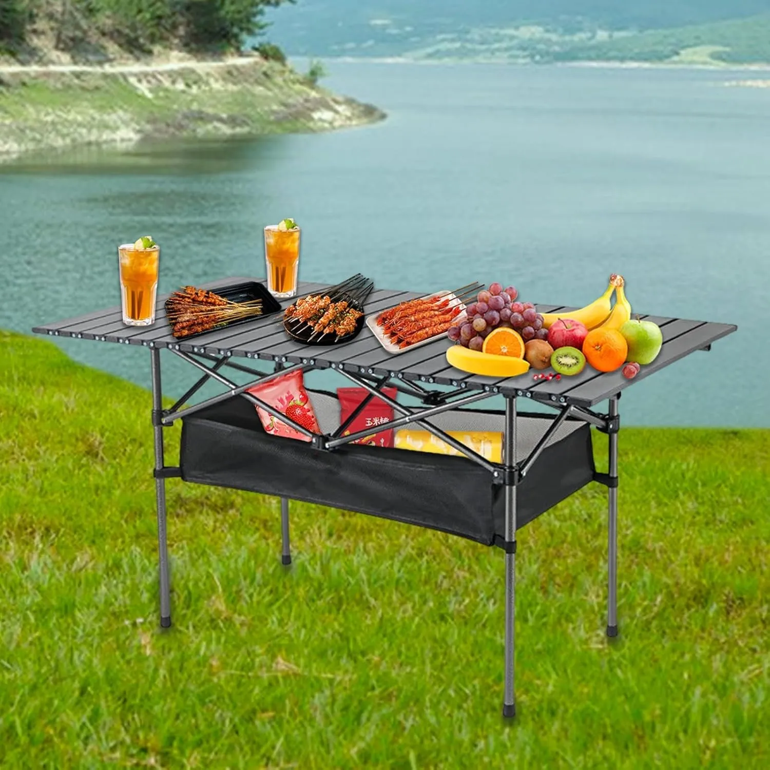 Folding Camping Table, Aluminum roll up Table with Easy to Carry Outdoor Bag, Sturdy and Stable Black