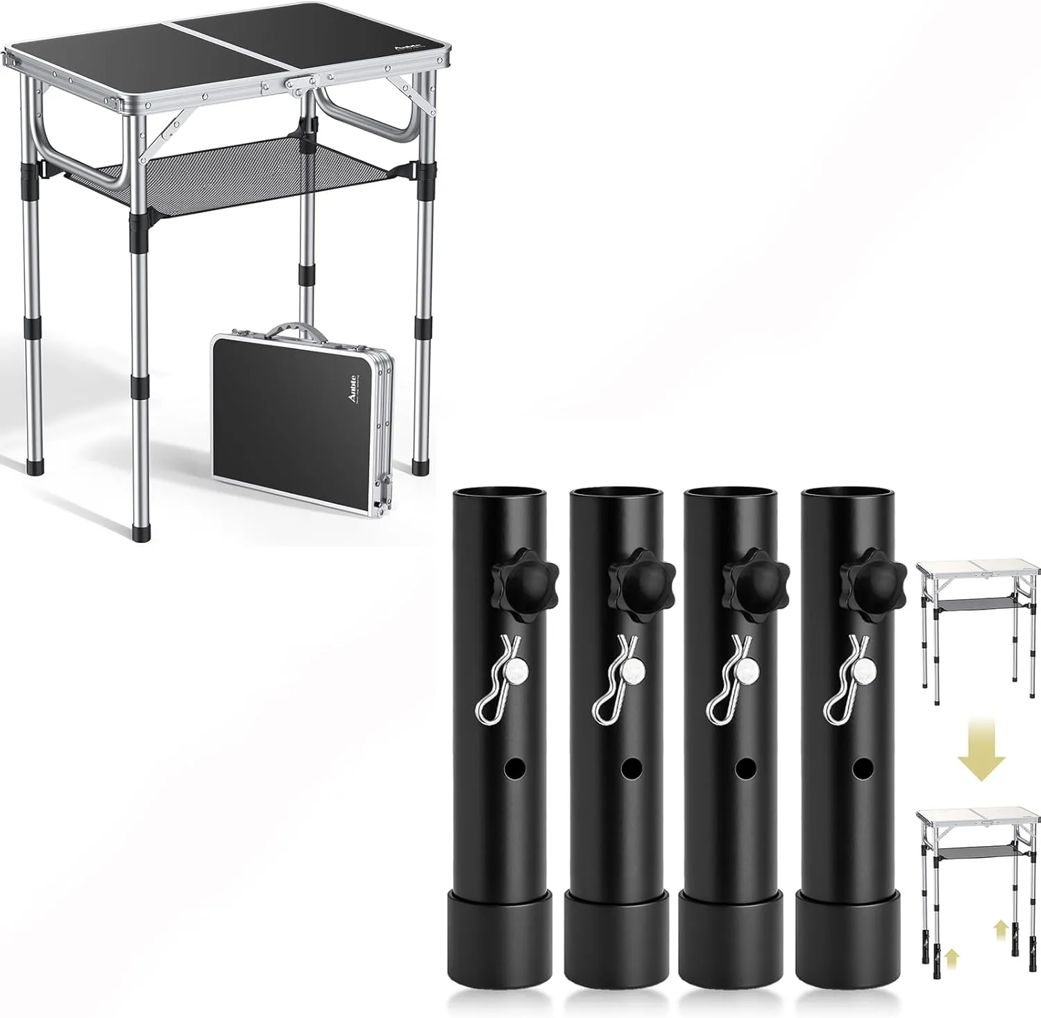 Folding Camping Table & 4PCS Folding Table Leg Extenders 2 Levels Adjustable Height Rise Up to 5.3 in for Straight and Bent Legs