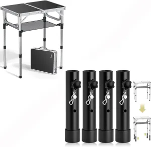 Folding Camping Table & 4PCS Folding Table Leg Extenders 2 Levels Adjustable Height Rise Up to 5.3 in for Straight and Bent Legs