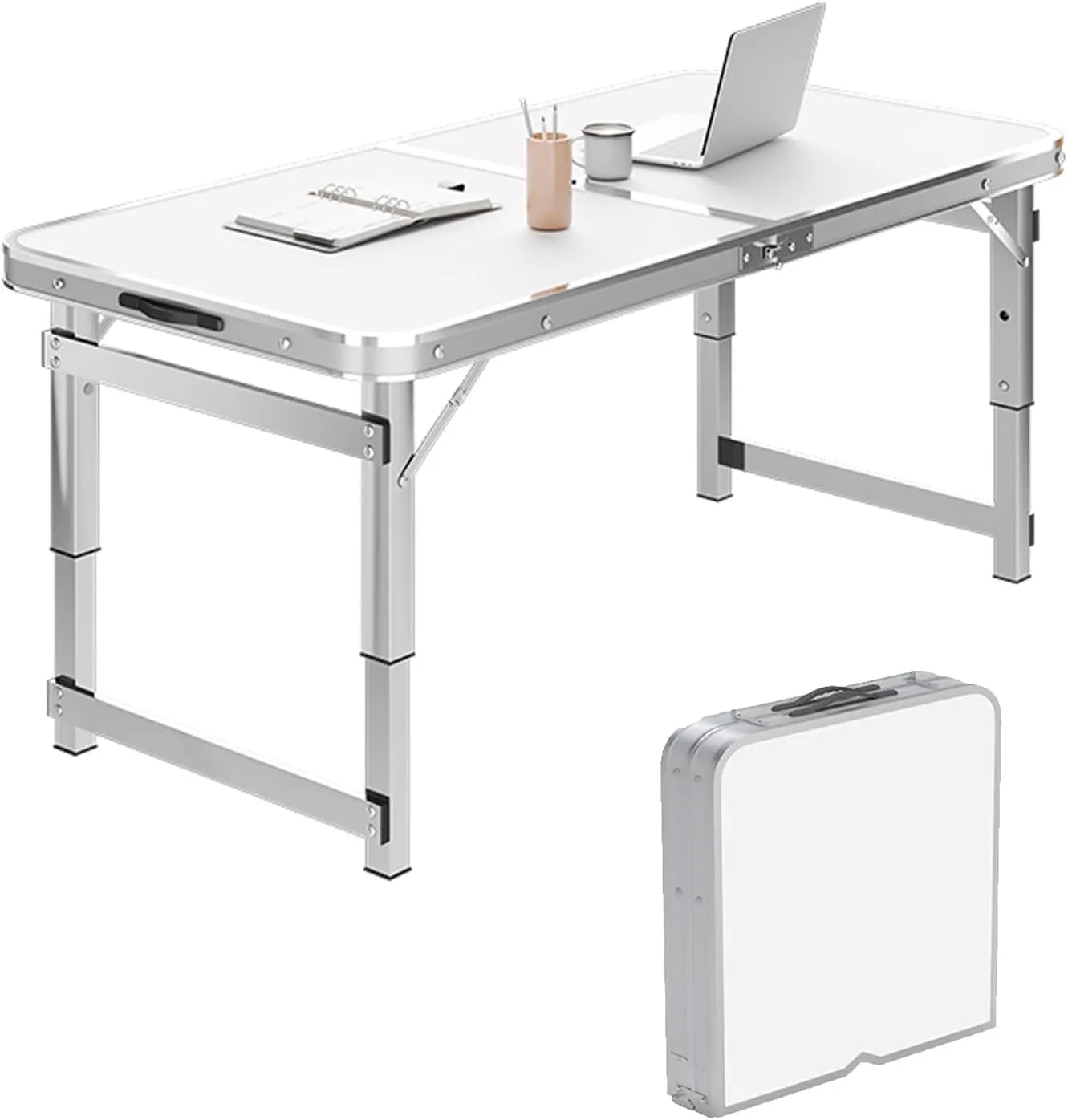 Folding Camping Table Portable Adjustable Height Aluminum Folding Beach Table for Indoor Outdoor Picnic Backyard(White,120 * 60cm)
