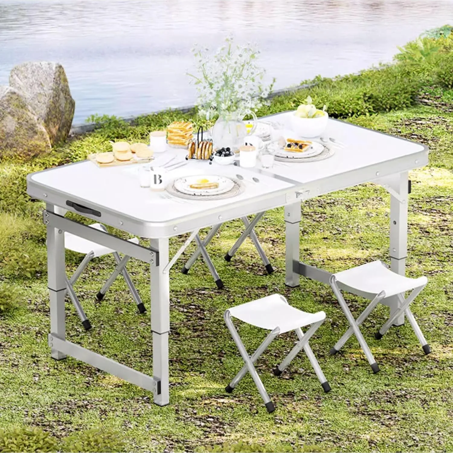 Folding Camping Table Portable Adjustable Height Aluminum Folding Beach Table for Indoor Outdoor Picnic Backyard(White,120 * 60cm)
