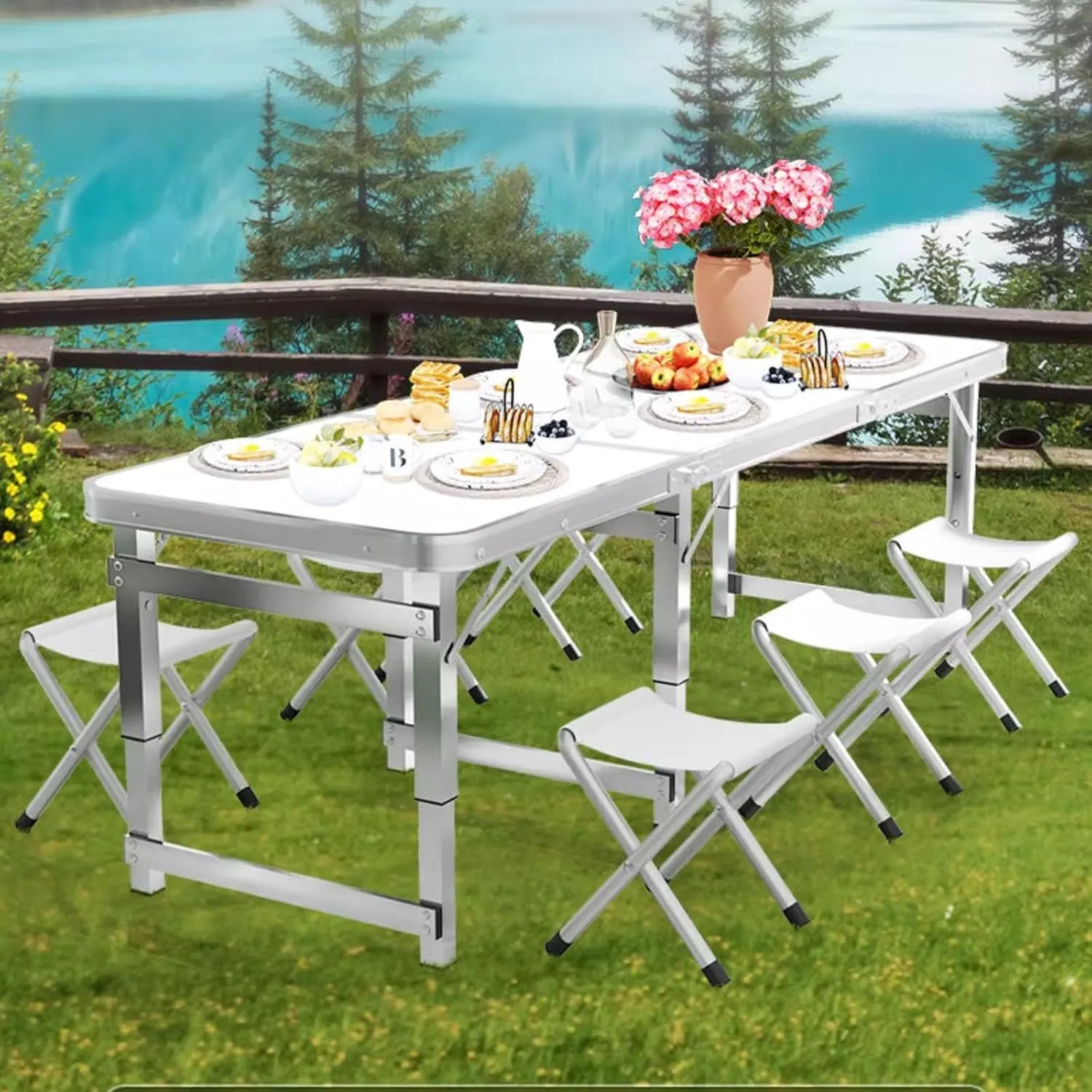 Folding Camping Table Portable Adjustable Height Aluminum Folding Beach Table for Indoor Outdoor Picnic Backyard(White,120 * 60cm)