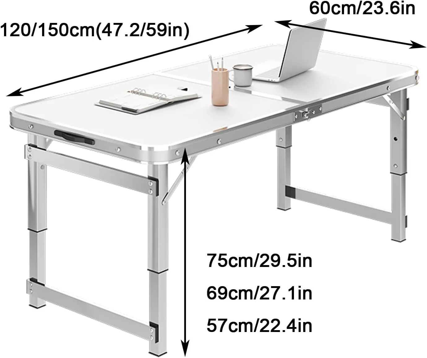 Folding Camping Table Portable Adjustable Height Aluminum Folding Beach Table for Indoor Outdoor Picnic Backyard(White,120 * 60cm)