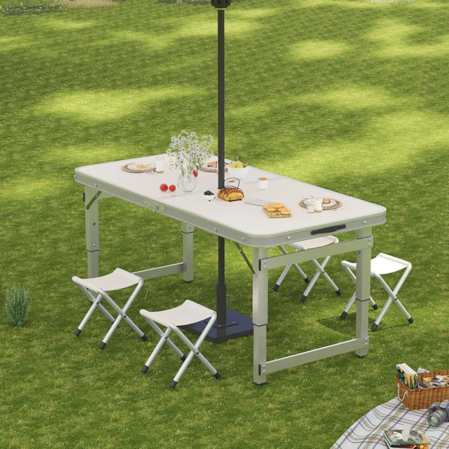 Folding Camping Table Portable Adjustable Height Aluminum Folding Beach Table for Indoor Outdoor Picnic Backyard(White,120 * 60cm)