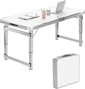 Folding Camping Table Portable Adjustable Height Aluminum Folding Beach Table for Indoor Outdoor Picnic Backyard(White,120 * 60cm)