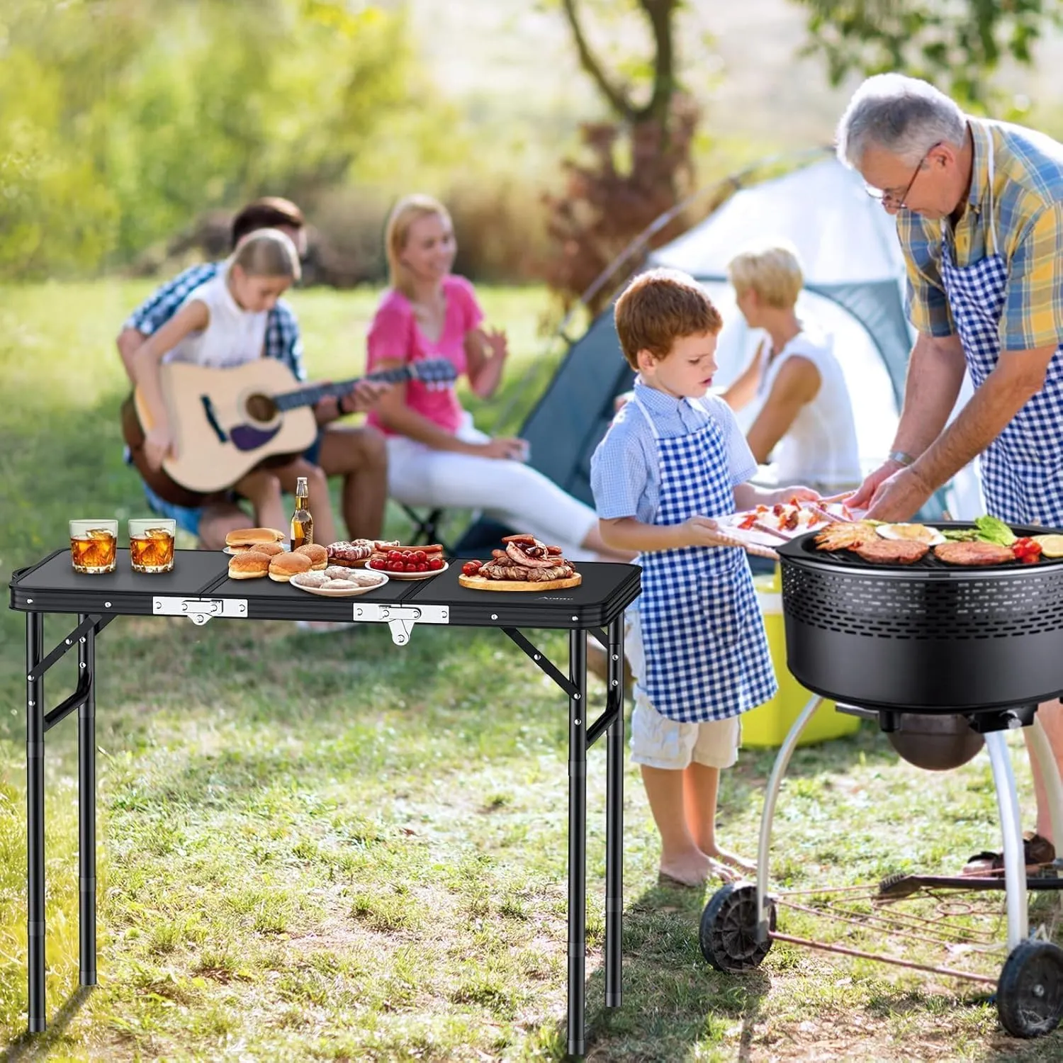 Folding Camping Table with Storage Net, 3ft Camping Table Aluminum Folding Table with 3 Adjustable Height Max 27.1 Inch Picnic Table Portable Table for Outdoor Backyard BBQ, Pure Black
