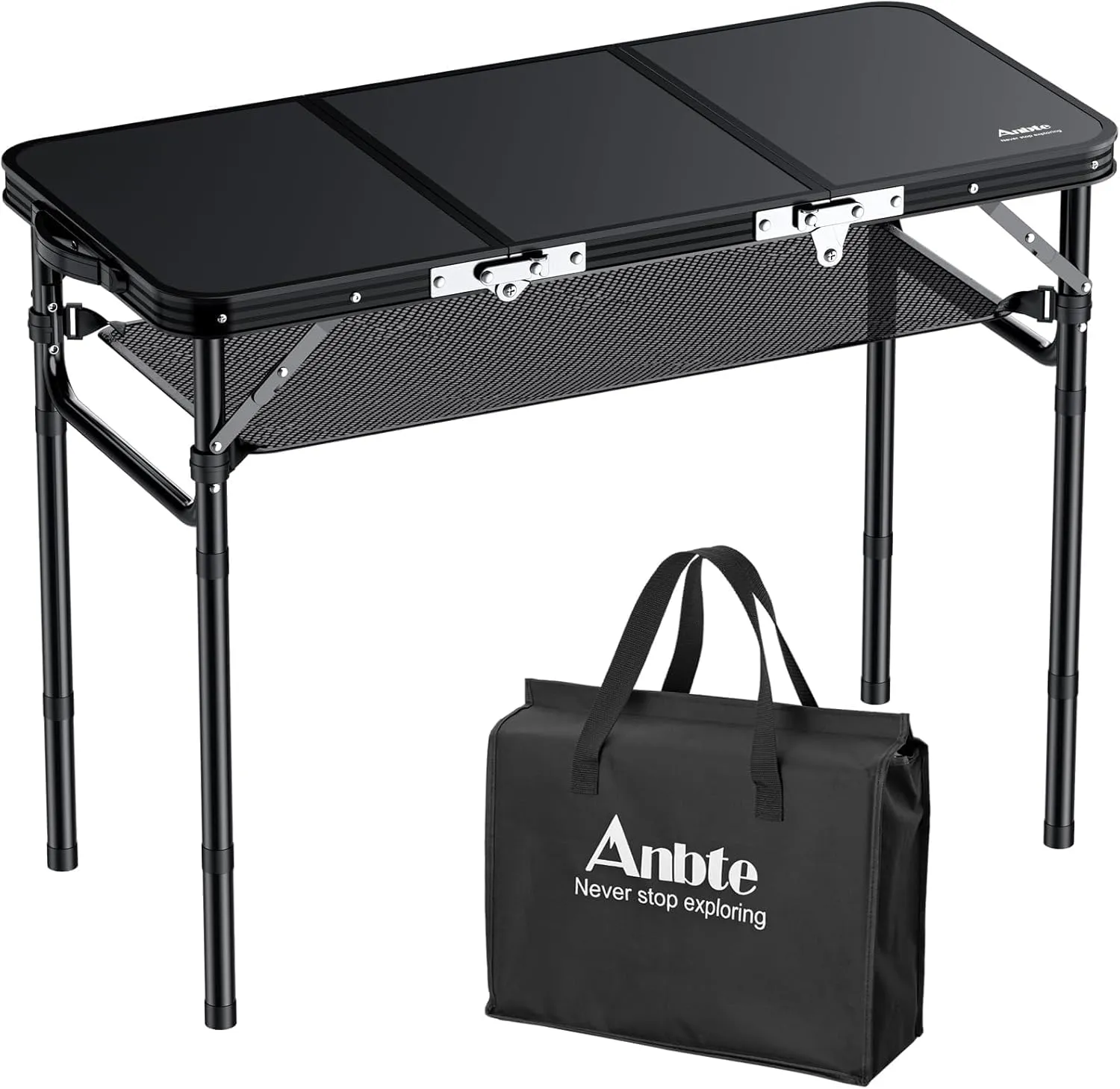 Folding Camping Table with Storage Net, 3ft Camping Table Aluminum Folding Table with 3 Adjustable Height Max 27.1 Inch Picnic Table Portable Table for Outdoor Backyard BBQ, Pure Black