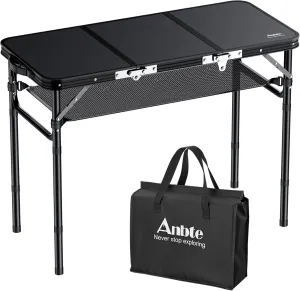 Folding Camping Table with Storage Net, 3ft Camping Table Aluminum Folding Table with 3 Adjustable Height Max 27.1 Inch Picnic Table Portable Table for Outdoor Backyard BBQ, Pure Black