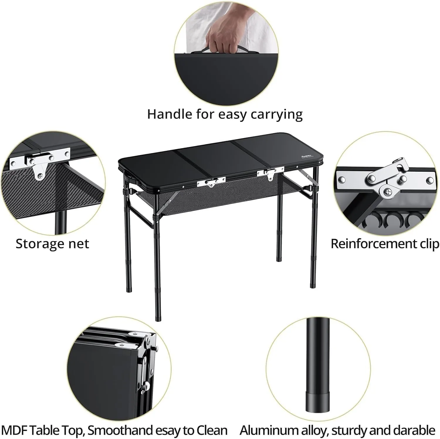 Folding Camping Table with Storage Net, 3ft Camping Table Aluminum Folding Table with 3 Adjustable Height Max 27.1 Inch Picnic Table Portable Table for Outdoor Backyard BBQ, Pure Black