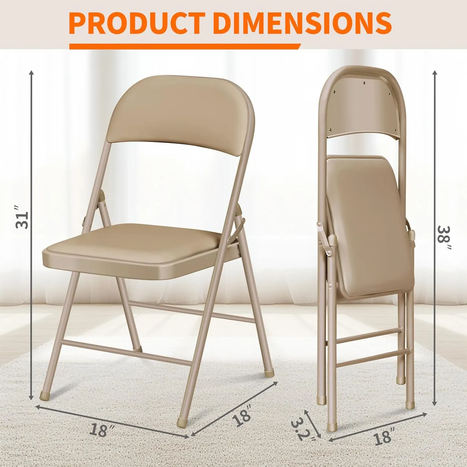 Folding Chairs with Padded Seats - 4 Pack Padded Folding Chair with Steel Frame for Home and Office, Indoor and Outdoor Events, 450 Pound Capacity (Kahki, Set of 6)