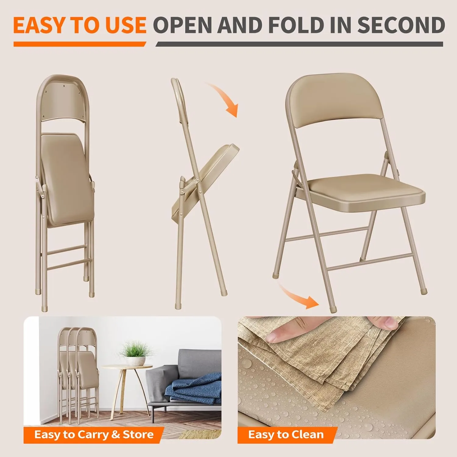 Folding Chairs with Padded Seats - 4 Pack Padded Folding Chair with Steel Frame for Home and Office, Indoor and Outdoor Events, 450 Pound Capacity (Kahki, Set of 6)