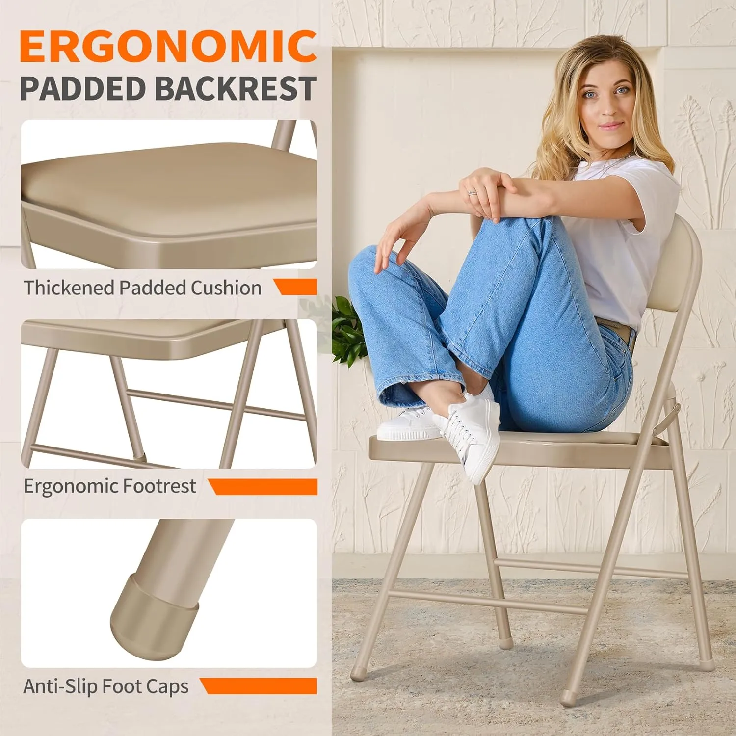Folding Chairs with Padded Seats - 4 Pack Padded Folding Chair with Steel Frame for Home and Office, Indoor and Outdoor Events, 450 Pound Capacity (Kahki, Set of 6)