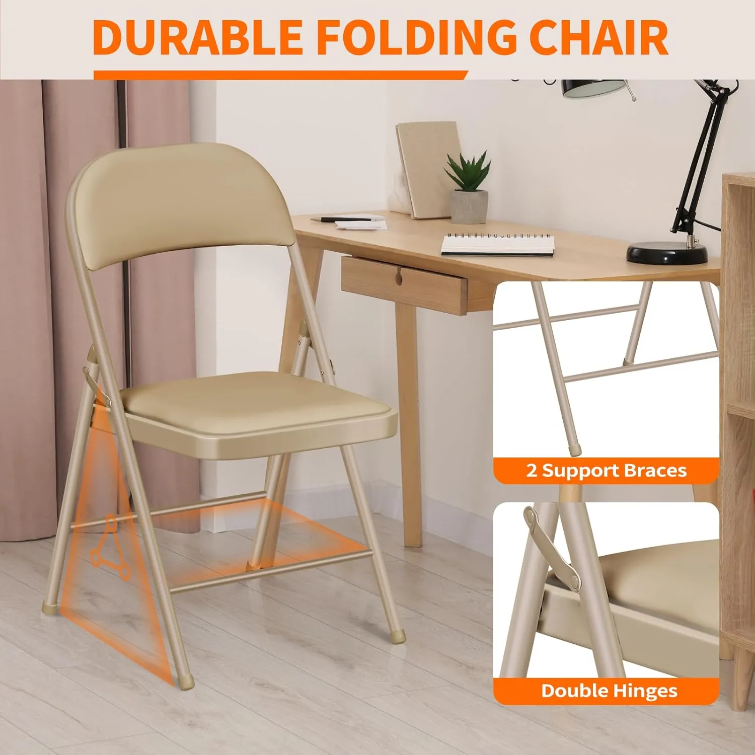 Folding Chairs with Padded Seats - 4 Pack Padded Folding Chair with Steel Frame for Home and Office, Indoor and Outdoor Events, 450 Pound Capacity (Kahki, Set of 6)