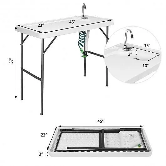 Folding Cleaning Sink Faucet Cutting Camping Table with Sprayer - Color: White