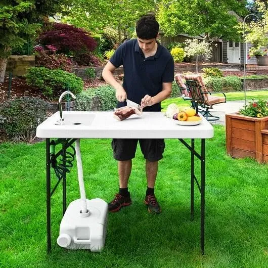 Folding Cleaning Sink Faucet Cutting Camping Table with Sprayer - Color: White