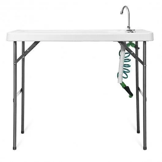 Folding Cleaning Sink Faucet Cutting Camping Table with Sprayer - Color: White