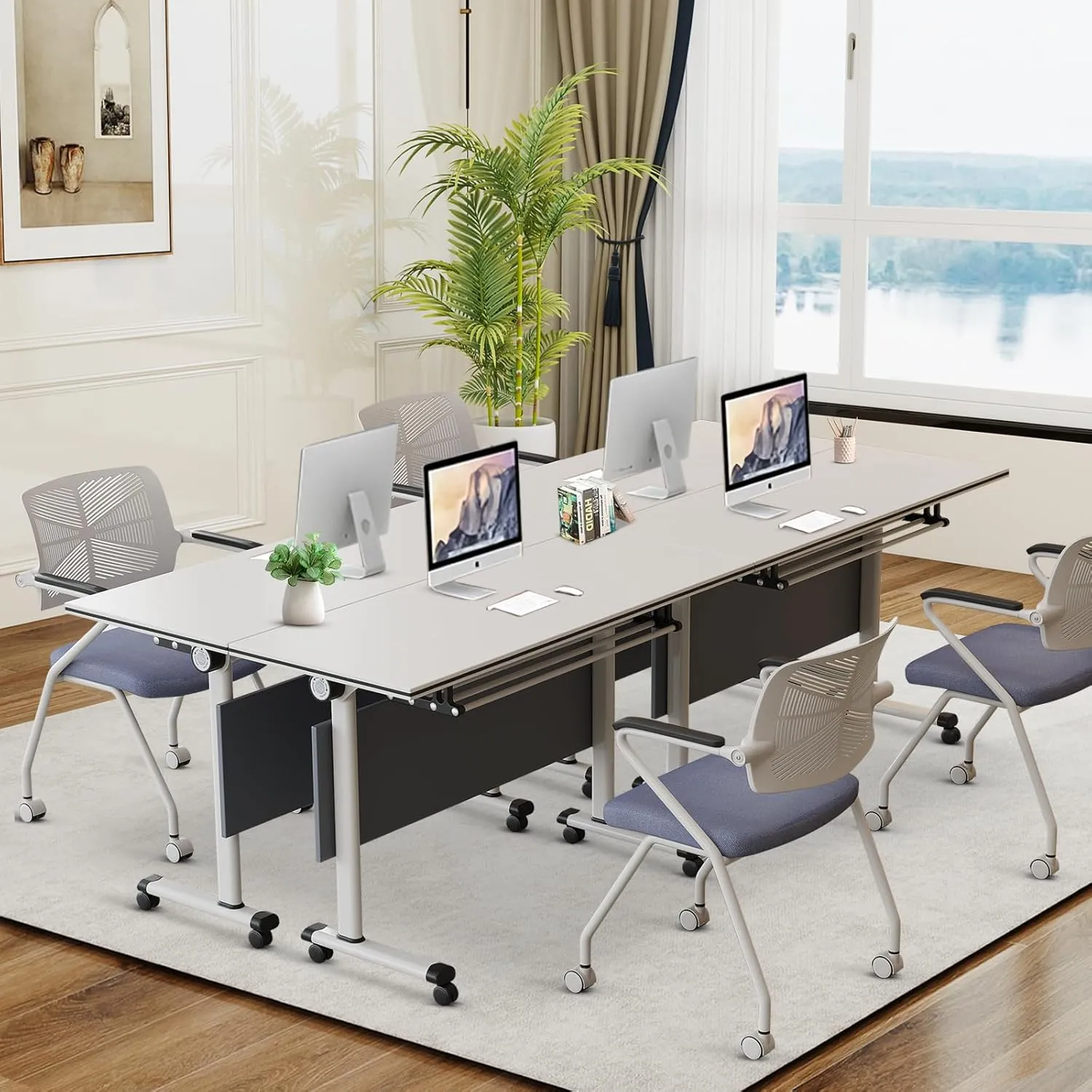 Folding Conference Table, Conference Room Tables with Wheels Foldable Large Rectangle Meeting Seminar Table for 6-12 People, Flip Top Mobile Training Table for Office Classr (4, Dark Gray, 47.2in)