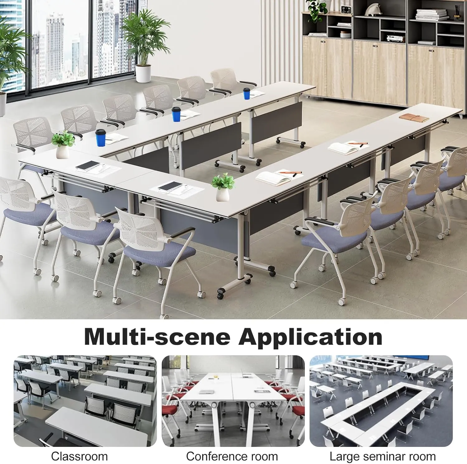 Folding Conference Table, Conference Room Tables with Wheels Foldable Large Rectangle Meeting Seminar Table for 6-12 People, Flip Top Mobile Training Table for Office Classr (4, Dark Gray, 47.2in)