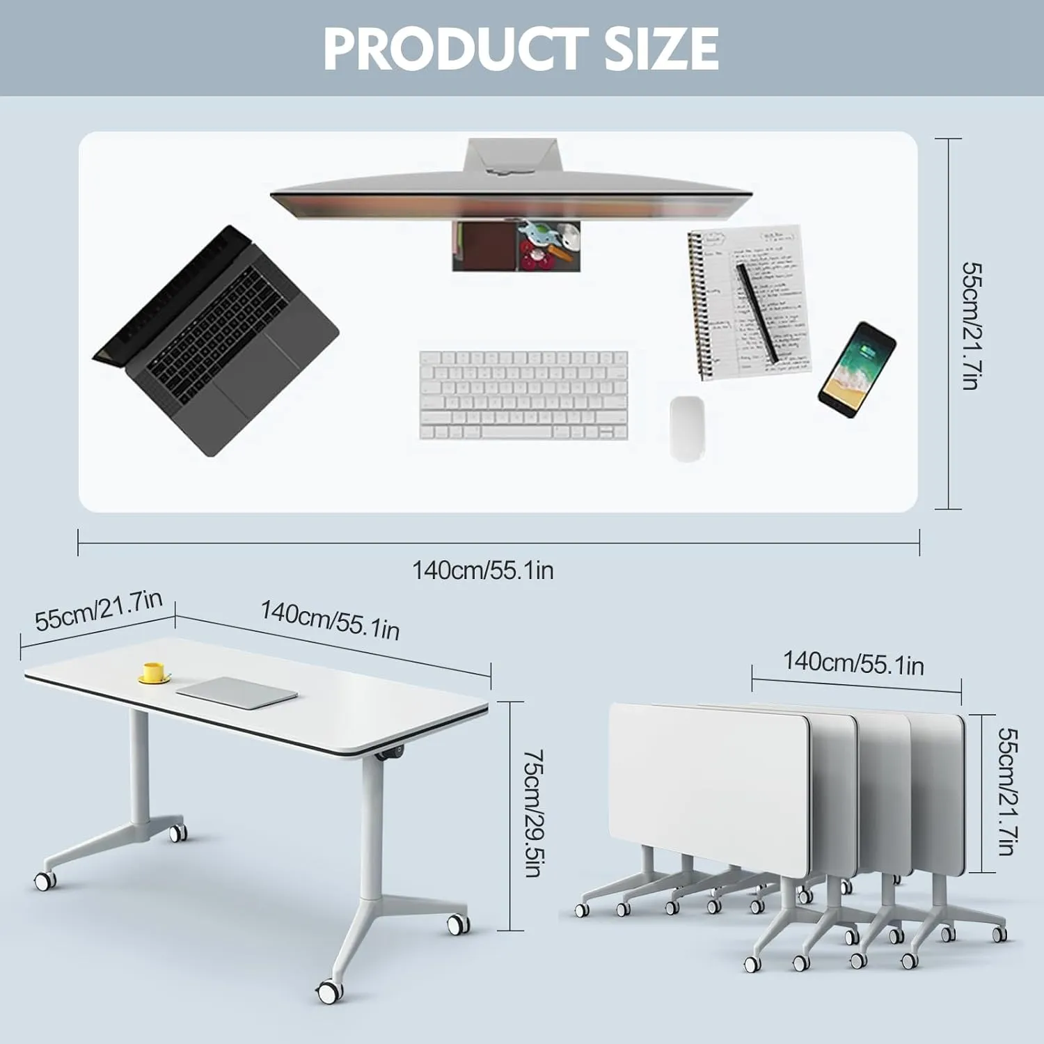Folding Conference Table, Conference Room Tables with Wheels Foldable Large Rectangle Meeting Seminar Table for 6-12 People, Flip Top Mobile Training Table for Office Classr (4, white2, 55.1in)