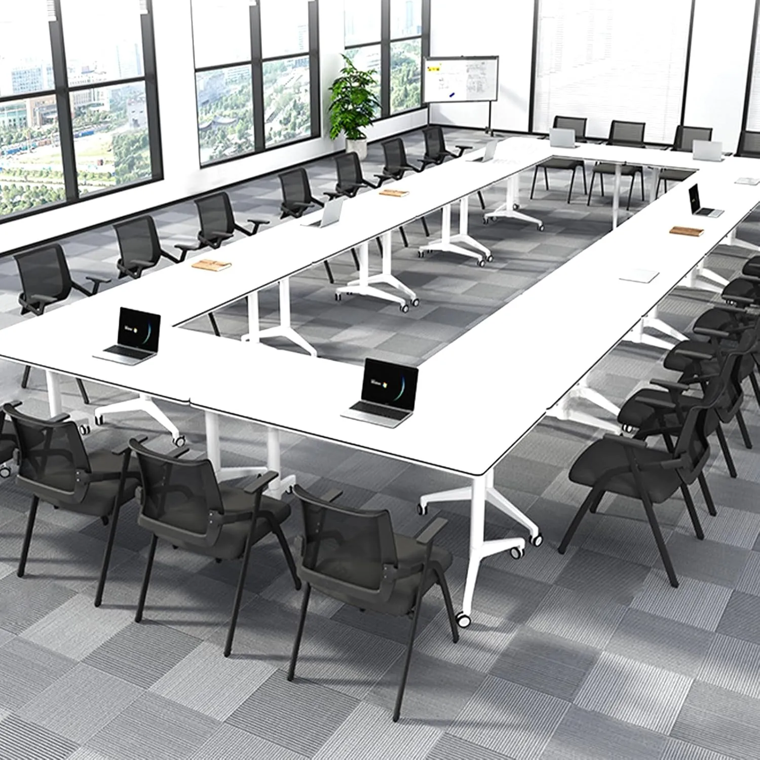Folding Conference Table, Conference Room Tables with Wheels Foldable Large Rectangle Meeting Seminar Table for 6-12 People, Flip Top Mobile Training Table for Office Classr (4, white2, 55.1in)