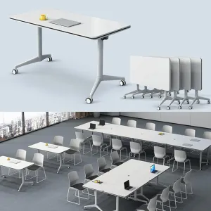Folding Conference Table, Conference Room Tables with Wheels Foldable Large Rectangle Meeting Seminar Table for 6-12 People, Flip Top Mobile Training Table for Office Classr (4, white2, 55.1in)